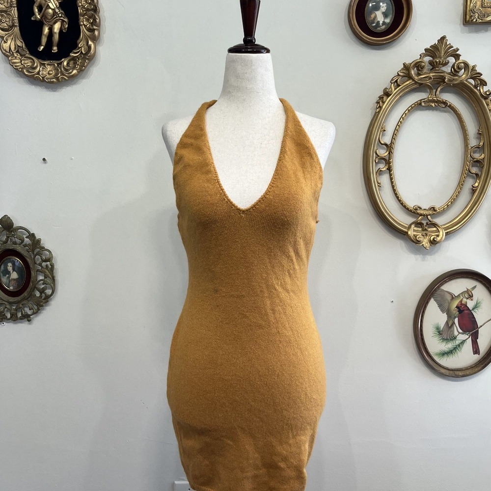 RUVE Mustard Yellow Knit Halter Mini Dress Open Back Tie Neck Size S